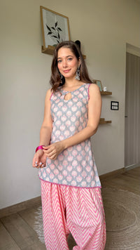 Bubblegum Farshi Salwar Set – Keyhole Neck & Cute Print | Rochi India