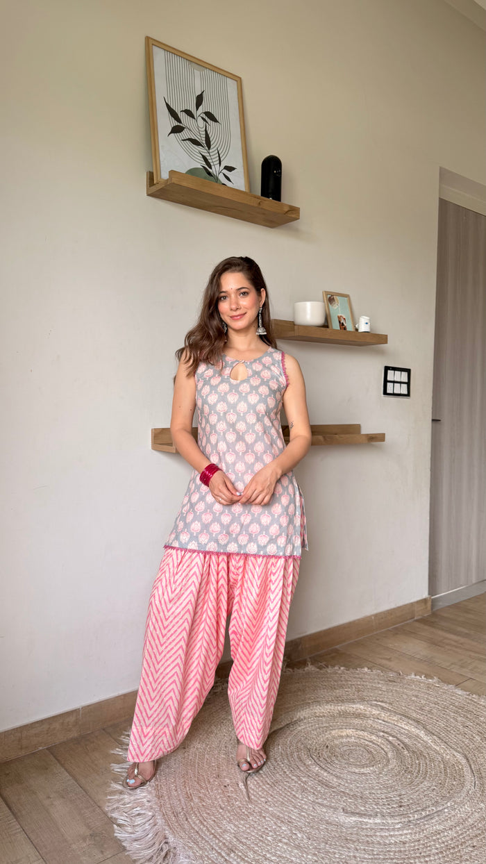 Bubblegum Farshi Salwar Set – Keyhole Neck & Cute Print | Rochi India