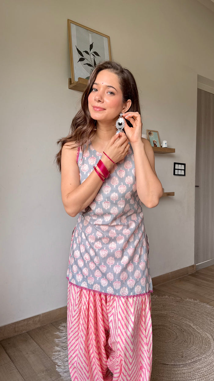 Bubblegum Farshi Salwar Set – Keyhole Neck & Cute Print | Rochi India