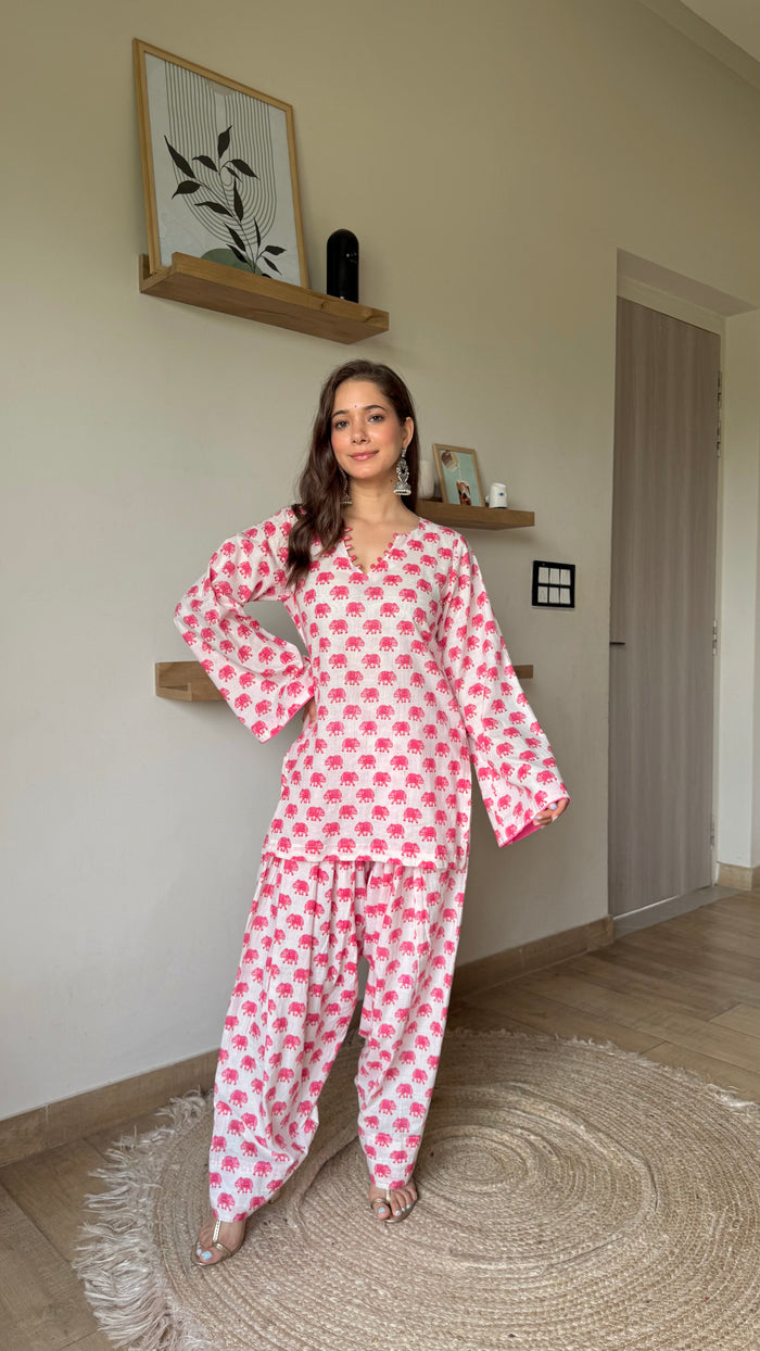 Pink Elephant Farshi Salwar Set – Hand Block Print | Rochi India