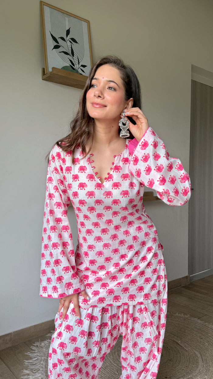 Pink Elephant Farshi Salwar Set – Hand Block Print | Rochi India